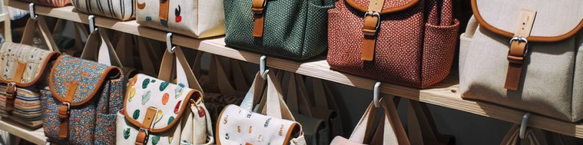 Foto de mochilas de diseño sustentable colocadas en un estante de tienda
